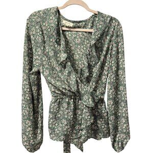 Max Studio Green Floral Wrap Blouse W/ Tie Belt Long Sleeve Sz  L Blouse